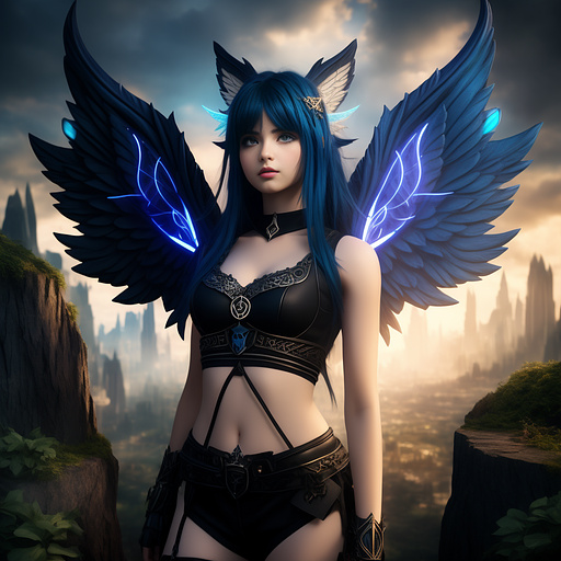 Fairy girl with dark blue hair in angelcore style