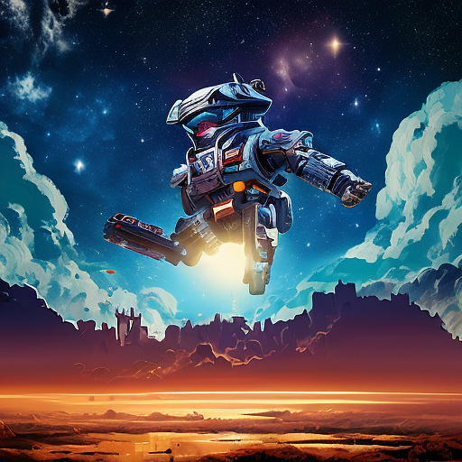 A cheerful transformer flies through space against the backdrop of planets. in disney painted style