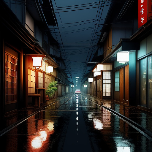 Album cover art for a thai dark ballad titled. a lonely acoustic guitar leaning against a streetlamp on an empty road at night, under heavy rain. water ripples and raindrops create reflections of neon lights on the wet ground. the atmosphere is dark, melancholic, and cinematic. colors: deep blue, gray, muted silver. no people visible, only objects and mood.
 in anime style