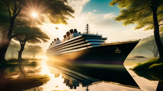 A big luxury ship sailing in dirty toxic swamp in day light in the forest  in egypt style