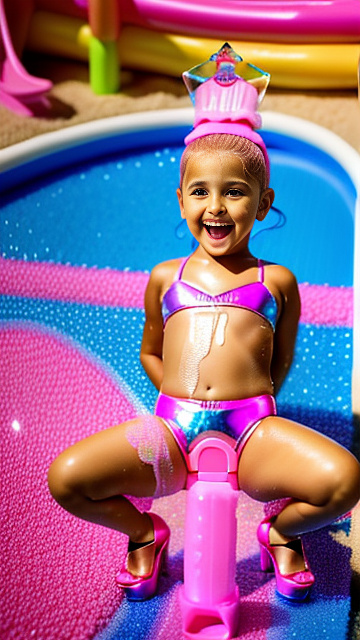 7-year- old julianna rose mauriello, lazy town, covered in pink baby oil, clear pink plastic open toe 7 inch platform stilettos, on latex bikini fashion runway, squatting with legs open, using pink pool noodle dildo, dildo slipping into her, camel toe stretching wide to allow dildos girth, realistic dildo disappearing into her, yawning, bikini bottoms has opening for dildo in kids painted style