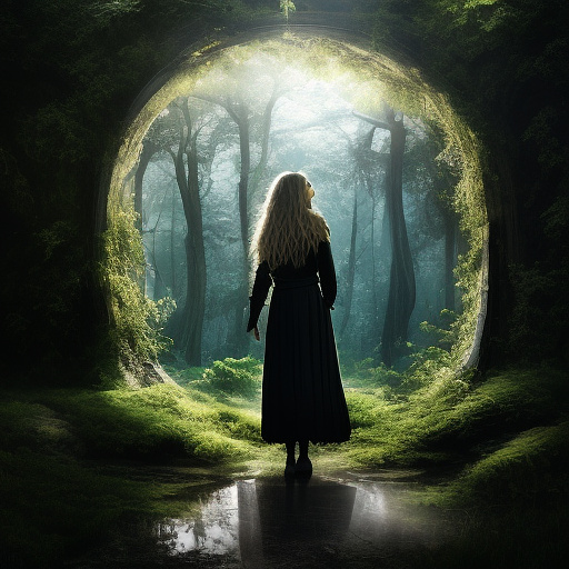 This is highly aesthetic picture that shows majestic green forest. in the middle of the picture there is a big circle shaped portal into another dimension, the edges of the portal are beautifully blurry naturally blending with the forest. the shown in the portal other dimension is space, cosmos with black mysterious space and a lot of stars. the picture symbolizes how a human discovers something greater than oneself. in front of the portal there is a figure of a young woman standing, she has long wavy hair. she is facing the portal in eternal awe and is to be seen only from behind. near the woman standing a big white wolf also facing the portal, the woman has her hand casually laid on the wolf’s scruff. in custom style