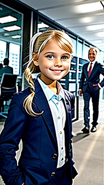 White, blonde, smiling, girl 7 years old  looking at 35yr-business-man, show both people fully in picture, in custom style