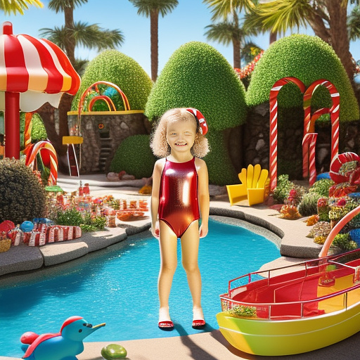 Realistic, detailed, 6-year-old , latex swimsuit red , posing, cute in kids painted style