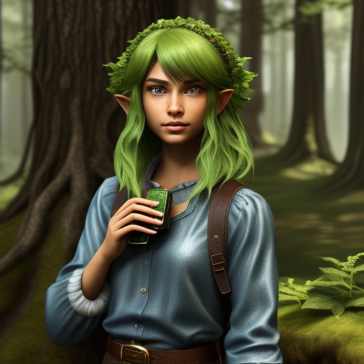 A highly detailed portrait of saria from the legend of zelda: ocarina of time. she is a young kokiri girl, with vibrant, emerald green hair, styled in a bob with bangs, framing her gentle, youthful face. her bright, intelligent blue eyes gaze thoughtfully. she wears her iconic forest green tunic with a pointed collar, a dark brown belt with a silver buckle, light brown shorts, and sturdy dark brown boots. her skin is fair and smooth. she holds her light brown fairy ocarina delicately in her hands, as if about to play a sweet melody. highly detailed eyes, highly detailed hair, highly detailed skin texture, highly detailed face. ultrarealistic, 8k, hdr, cinematic, photorealistic, highly detailed background, highly detailed environment.  in custom style