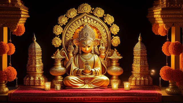 "a family praying together in front of a small narasimha swamy altar, oil lamps glowing, marigold garlands, serene and devotional atmosphere, hyper-realistic, 8k" in realistic style
