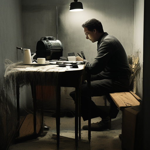 In a dark room, there is a telephone and a gun on the table. a man is sitting on a chair, and he is dead. in custom style