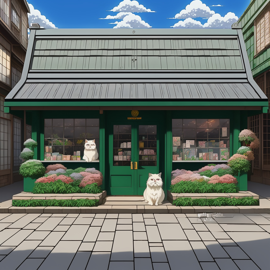 A persian cat in front of the stor that named petland  in anime style