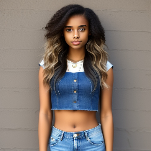 Teenage girl in crop top and jean shorts in custom style
