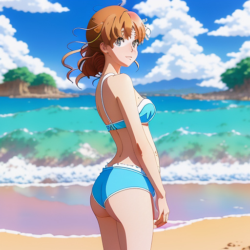 Woman with very smal underwear on the beach in anime style