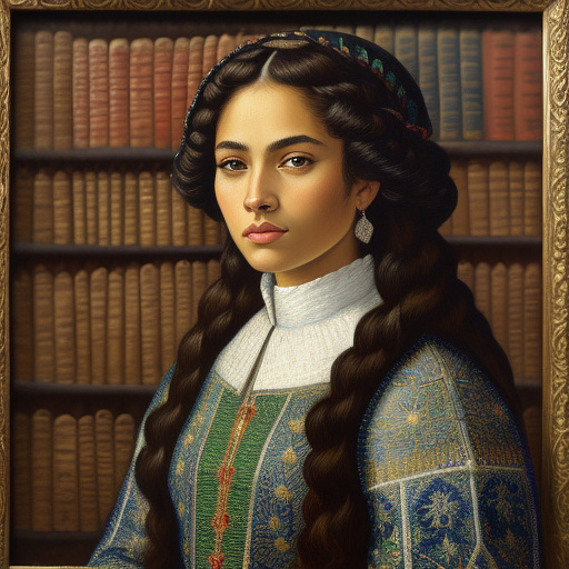 Medieval portrait of a strong hispanic woman, wearing a simple medieval coat in front of a library in neo impressionism style