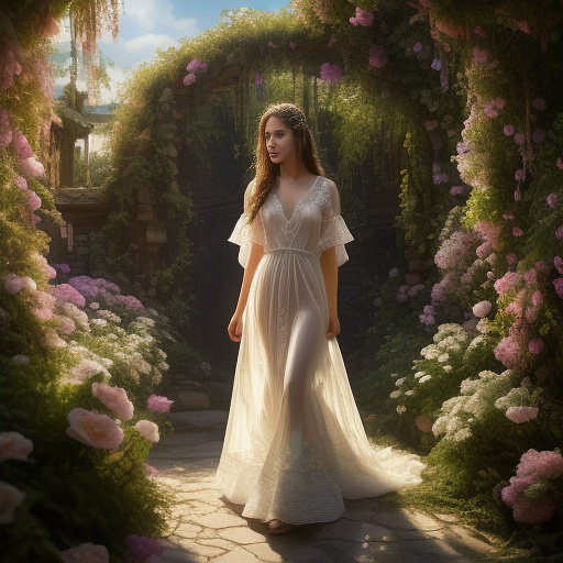 1girl, fairuza balk (age 18), stunning detailed eyes, sheer airy gown with flower embroidery, nude underneath, walking through a well tended flower garden, midday, full body shot, 1990s, (best quality,4k,8k,highres,masterpiece:1.2),ultra-detailed,(realistic,photorealistic,photo-realistic:1.37),hdr,uhr,studio lighting, ultra-fine painting,sharp focus,physically-based rendering,extreme detail description,professional,vivid colors,bokeh,portrait
 in angelcore style