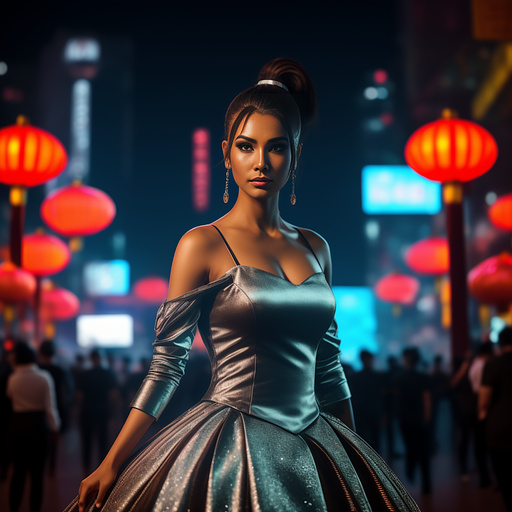 "cyborg" cinderella with brown hair in a messy ponytail in a silver ball gown with grease stains on it
robotic leg robotic hand
attending a chinese lunar festival in sci-fi style