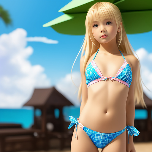 Child girl blond bikini shirt getting  in her crotch aerial in anime style