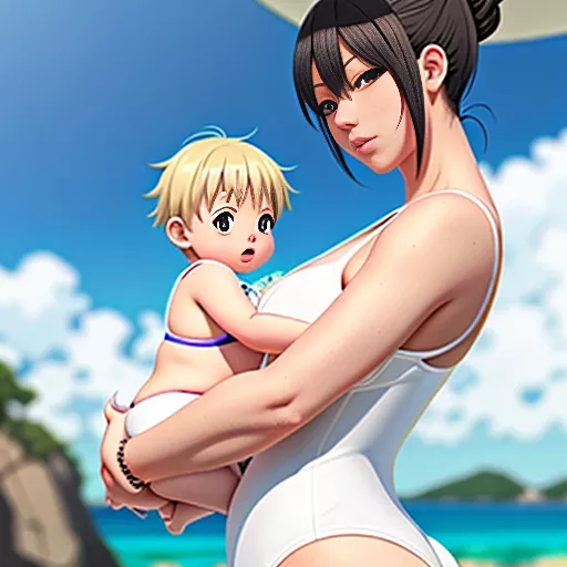 Curvy woman in white swimsuit carrying a child (boy), from side, full body, in anime style
