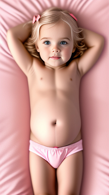 Realistic, detailed, 4-year-old blonde girl, in pink underwear, pregnant, laying in bed, top down full body view, red blush, right hand on belly   in custom style