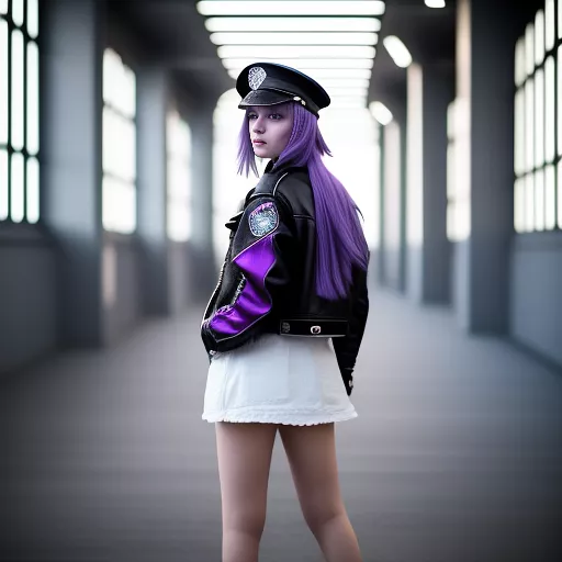 1girl, solo,  hand in pocket, over shoulder , punk jacket, purple hair, white background, military_cap, full body in angelcore style