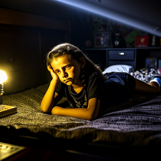 The room is dark, smoky and a mess, the bed is broken. there is an ashtray with an outstanding cigarette on the table. a 13-year-old girl is lying on a bed and crying. in custom style