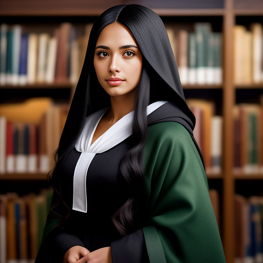 Medieval portrait of a strong hispanic woman with long black hair, wearing a simple dark green medieval hooded coat and standing in front of a library in anime style