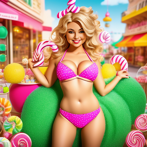 Cute blonde in pink high waisted bikini, big boobs, hyper realistic, big hips in kids painted style