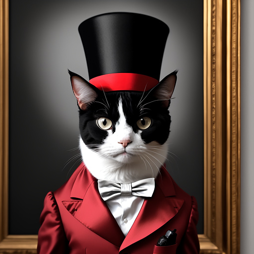 A grumpy black and white cat with red wings wearing a top hat and a red bowtie holding a beer in rococo style