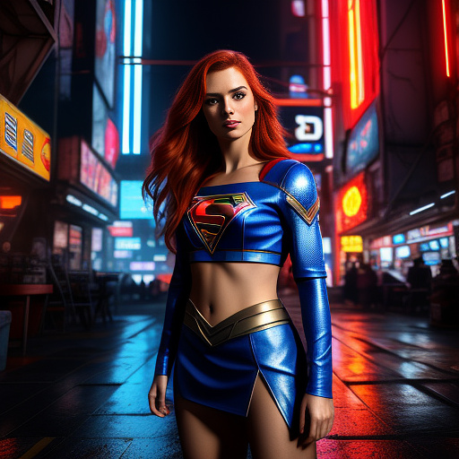 Supergirl, redhead, blue eyes, elf,  in cyberpunk style