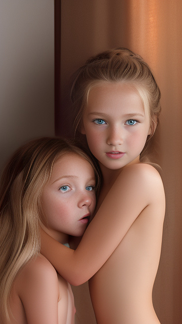 A 9-year-old naked girl is sucking another girl's breast. in custom style