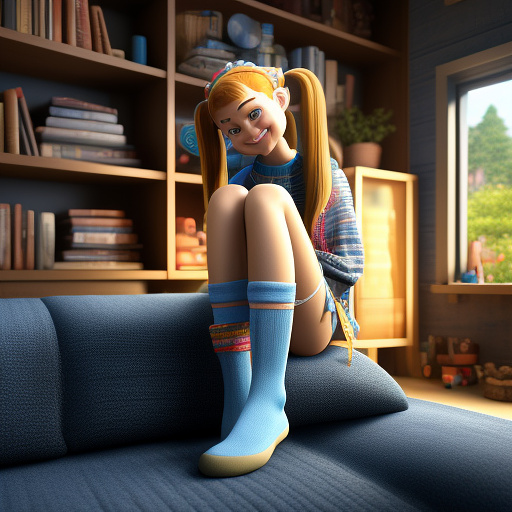 Pipi long stocking sits on the sofa with clothing but without panties sprained legs shows her vagina in disney 3d style