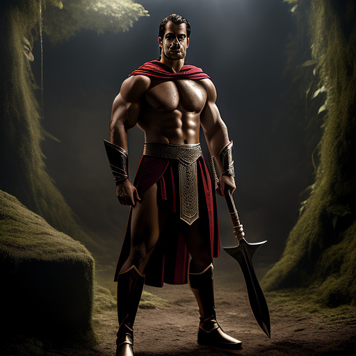 Full body wide shot, super muscular, bare chest henry cavill as a paladin in white robes, holding a massive hammer, pointing to camera, clear face, cinematic lighting, detailed clothes, in a dark jungle, subject is well lit, realistic skin texture, hyper-realistic portraiture  in custom style