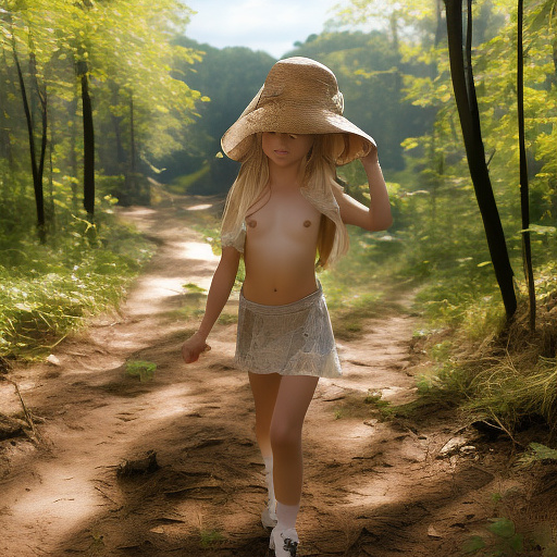 A 9-year-old girl is skipping along a forest path. she has a basket in her hands and a sun hat on her head. she's naked in custom style