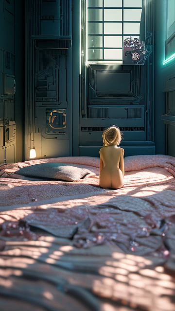 A 7-year-old girl lies naked on a bed and masturbates. in sci-fi style