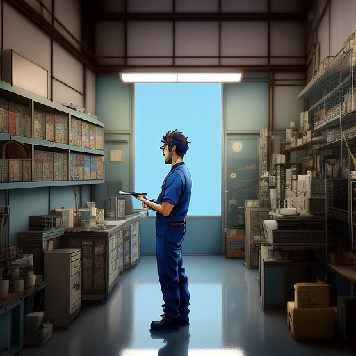 A technician is standing inside the company with repair tools, and the phrase "iran panasonic" is written in light blue on the wall behind him.
 in anime style