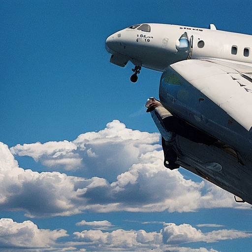 An airplane is flying. the side door of the plane is open. people are falling out of the plane. in custom style