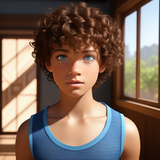 A thirteen year old boy with blue eyes, has brown short curly hair, has a bit of freckles, and is wearing a white muscle shirt in disney 3d style