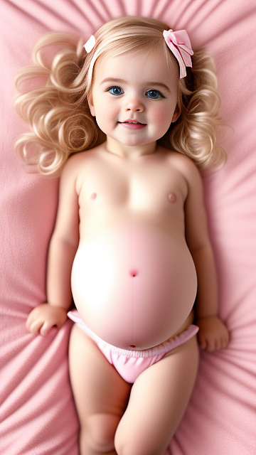Realistic, detailed, 8-month-old blonde girl, pregnant, pink wedding outfit, showing belly, laying in bed, top down full body view, red blush, pink heart on cheek in custom style