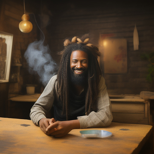 A black rastafarian is sitting on a worktable, smiling happily and smoking. the room is smoky. in custom style