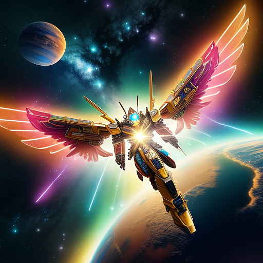 A cheerful transformer flies through space against the backdrop of planets. in angelcore style