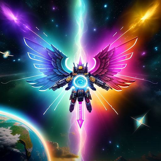 A cheerful transformer flies through space against the backdrop of planets. in angelcore style