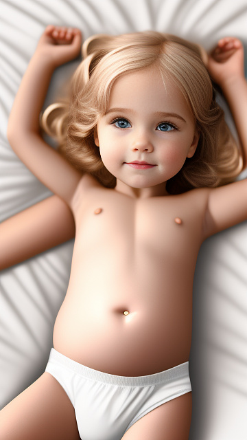 Realistic, detailed, 5-year-old blonde girl, in white underwear, pregnant, laying in bed, top down view, blushing in custom style