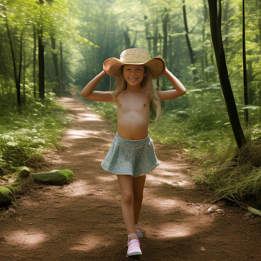 A 9-year-old girl is skipping along a forest path. she has a basket in her hands and a sun hat on her head. she's naked in custom style