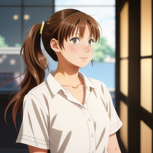 A young 16 year old girl with brown eyes and light brown hair tied into a ponytail.
 in anime style