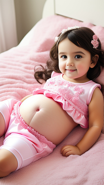 Realistic, detailed, 4-year-old, pregnant, pink wedding outfit, showing belly, laying in bed in custom style