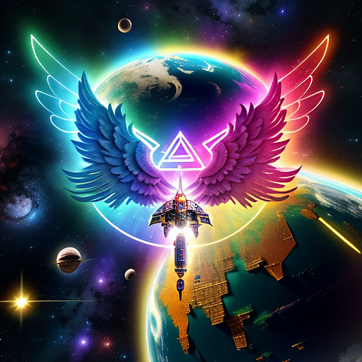 A cheerful transformer flies through space against the backdrop of planets. in angelcore style