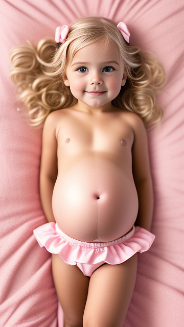 Realistic, detailed, 4-year-old blonde girl, pregnant, pink wedding outfit, showing belly, laying in bed, top down full body view, red blush, tan skin  in custom style