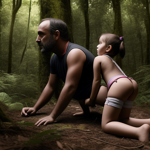 Ultra realistically a 9 year old girl tied up in the forest and a 40 year old man his penis penetrates into her vagina detailed side view in custom style