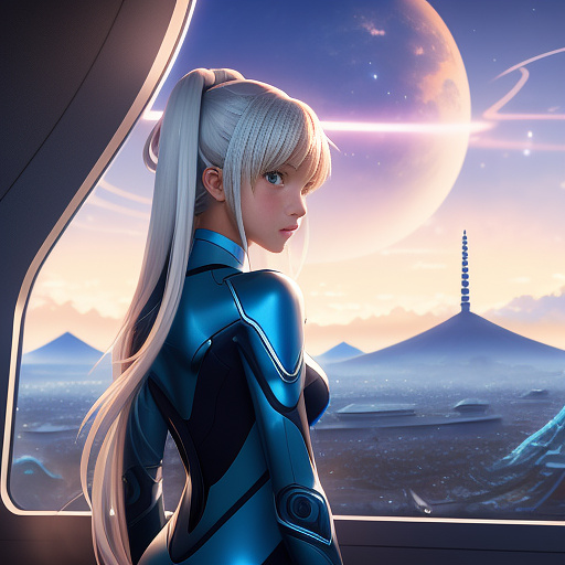 14 year old girl, futuristic body suit, futuristic spaceship, cute, looking out window, beautiful alien planet in backround, ambient lighting, 8k, hyper realistic, beautiful, amazing colours, detailed, good anatomy, future technology. in anime style