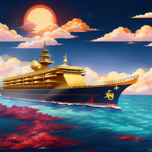 A golden ship with red flags missiles and laserbeam in it stars around it in ocean in anime style


 in anime style