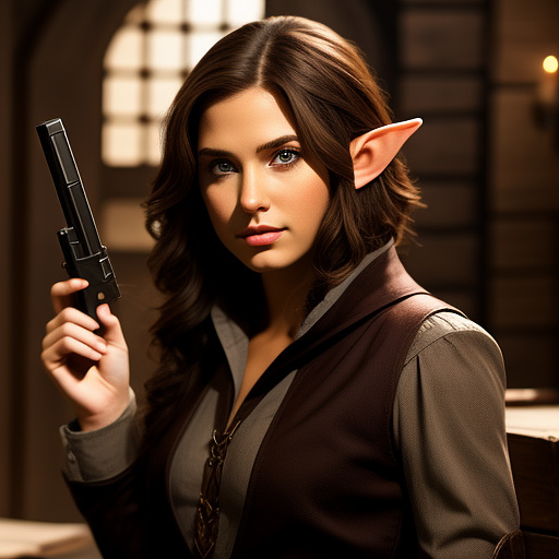 Dungeons and dragons, brown hair, female elf with two handguns  in custom style