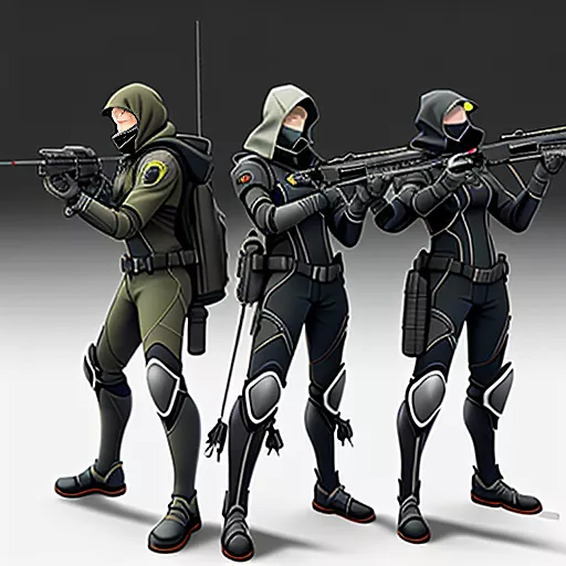 Fantasy and sci-fi trio of divers archer snipers in light tactical exoskeleton armor in action poses shooting a black-fire arrow loaded onto high tech longbow, hooded cloak, detailed charcoal drawing, dark background, , misty woods background, todd mcfarlane style art, detailed, trending on art station, unreal engine 5, --ar 16:9 in anime style