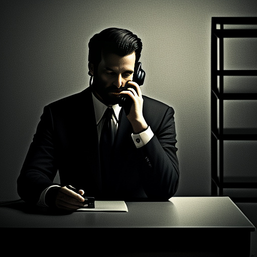 In a dark room, there is a telephone and a gun on the table. a man is sitting on a chair, and he is dead. in custom style